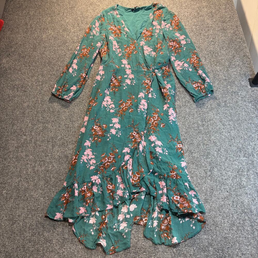 Paige Palazzo Green Floral 3/4 Sleeve Silk Midi Asymmetric Hem Dress Small